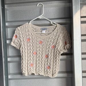 Cream Knit Crop Top with Pink Floral Accents